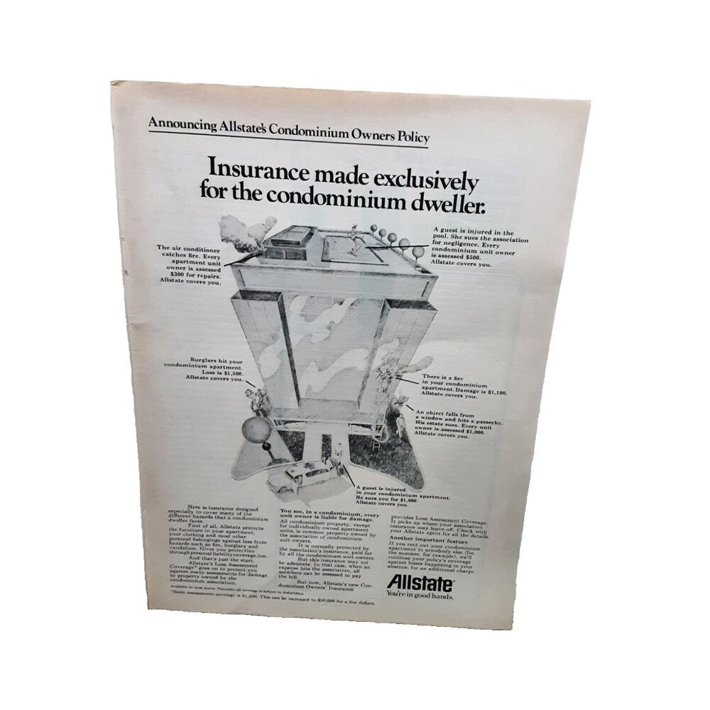 1973 Condominium Dweller Allstate Insurance Original Print Ad Vintage